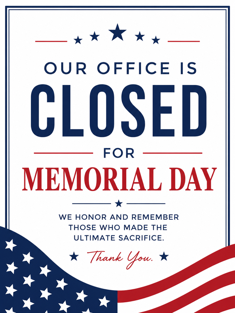 Closed for Memorial Day