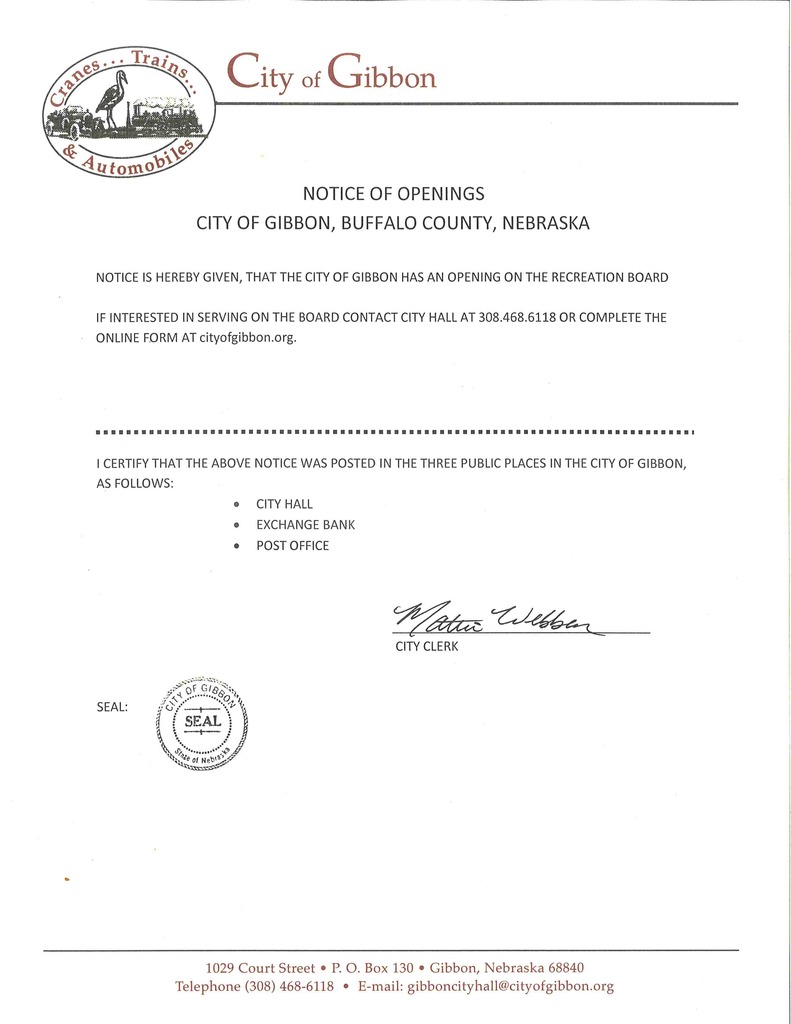 RECREATION BOARD OPENING