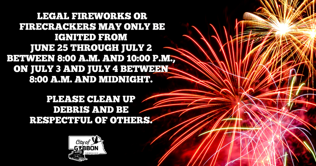 Legal fireworks or firecrackers may only be ignited from June 25 through July 2 between 8:00 a.m. and 10:00 p.m., on July 3 and July 4 between 8:00 a.m. and midnight.