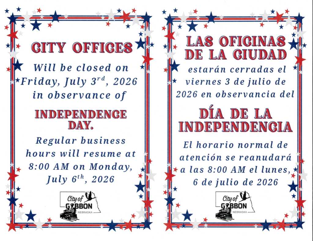 City Offices will be closed on July 3rd, 2026, in observance of Independence Day