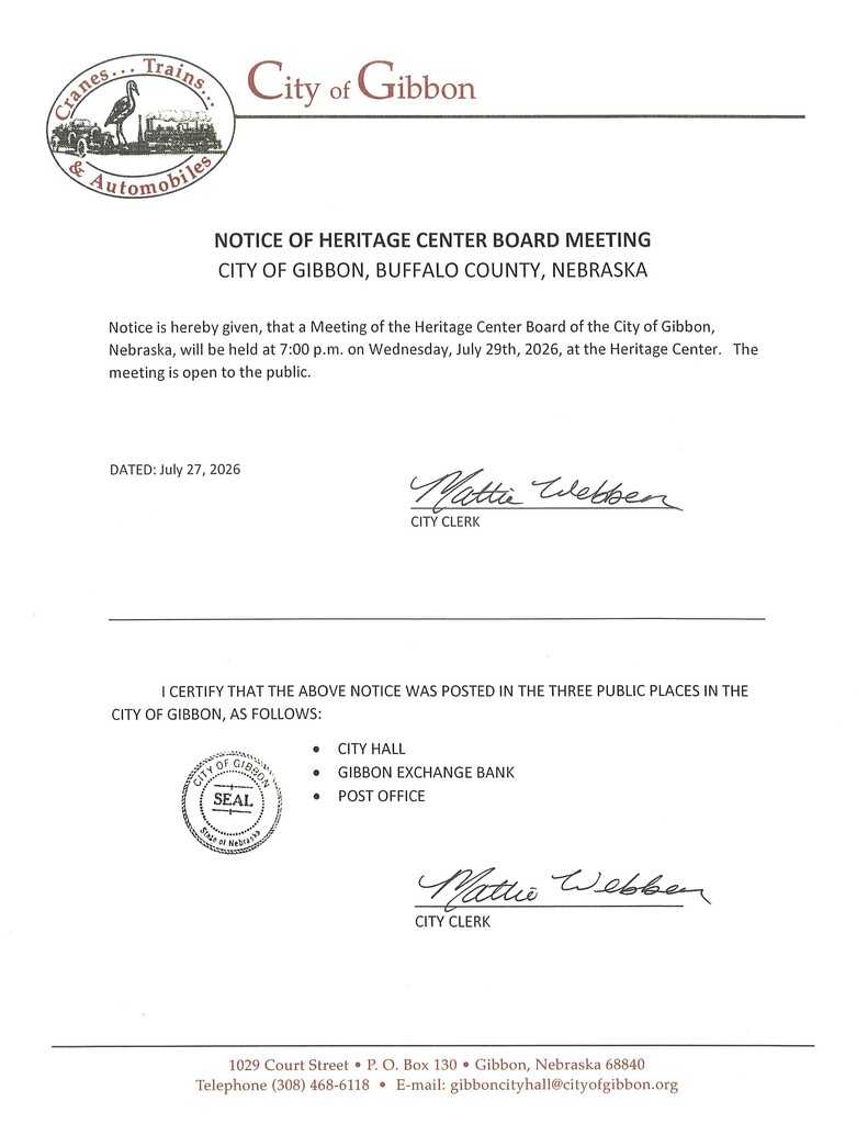 Notice of Heritage Center Board Meeting at 7:00 P.M. on Wednesday, March 25th, 2026, at Gibbon Heritage Center. 