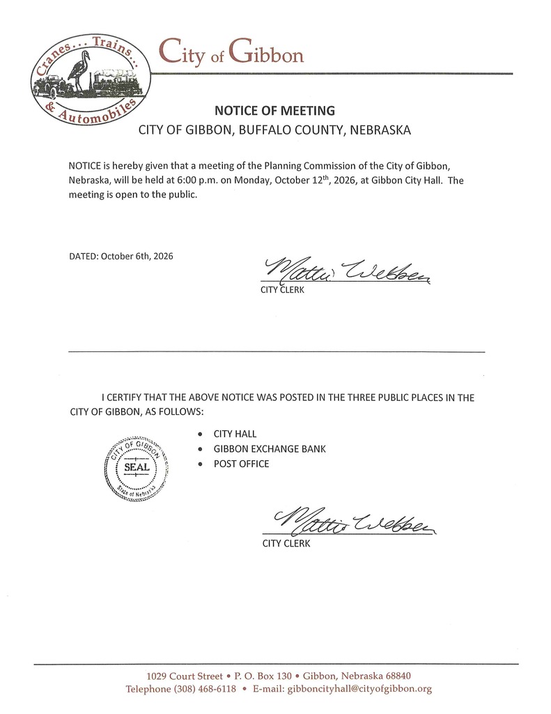 Notice of Planning Commission at 6:00 P.M. on Monday, October 12th, 2026, at Gibbon City Hall.