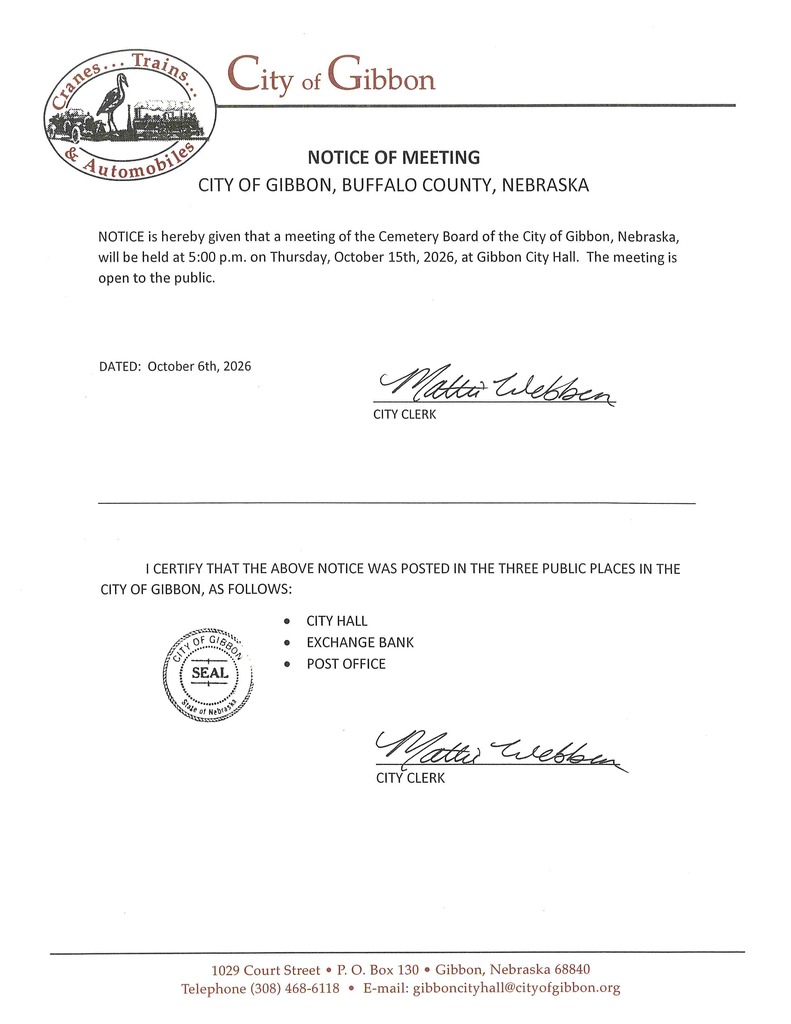 Notice of Monthly Cemetery Board Meeting at 5:00 P.M. on Thursday, October 15th, 2026, at Gibbon City Hall.