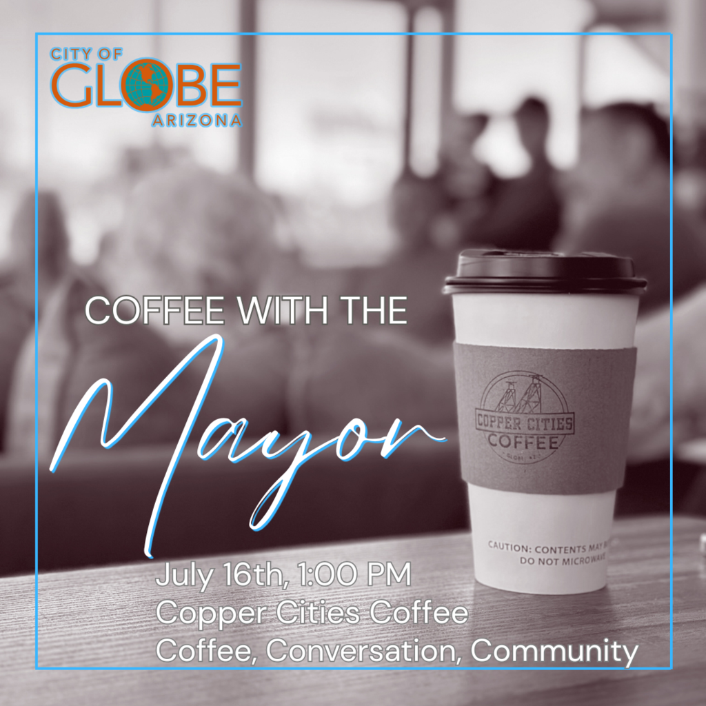 Coffee with the Mayor flyer with a gray photo background and blue lettering