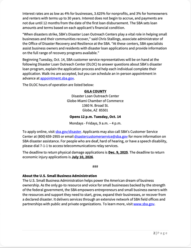 SBA Office of Disaster Recovery & Resilience News Release