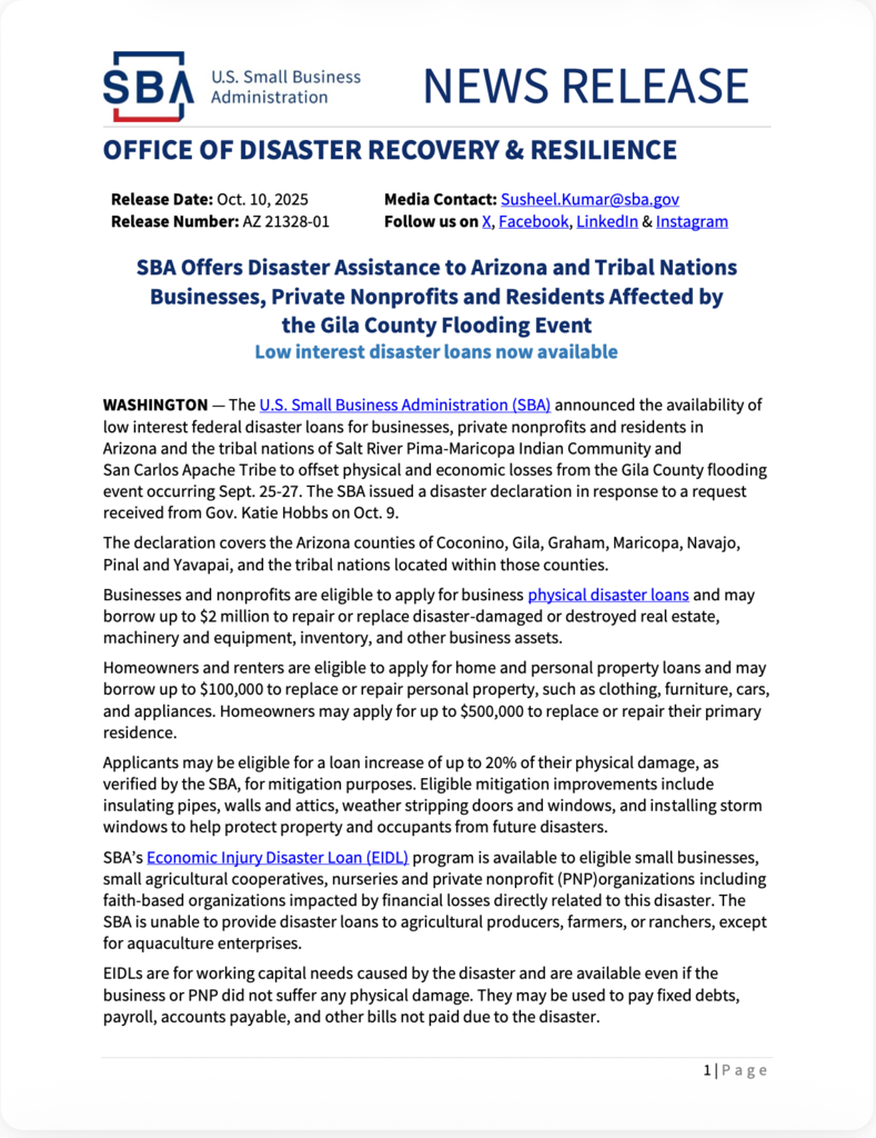 SBA Office of Disaster Recovery & Resilience News Release
