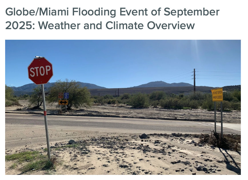 Globe/Miami Flooding Event of September 2025: Weather and Climate Overview. With a photo of muddy street and slanted stop sign