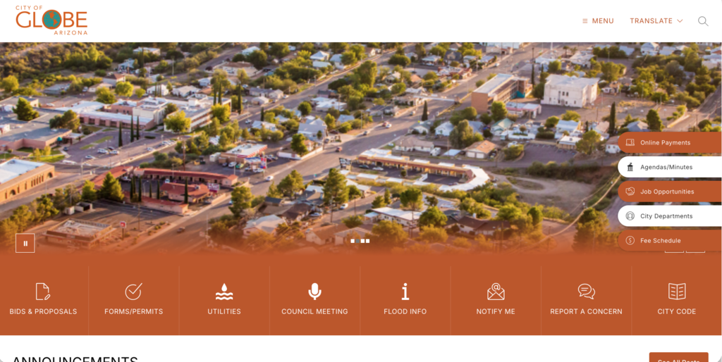 Screenshot of the City of Globe website