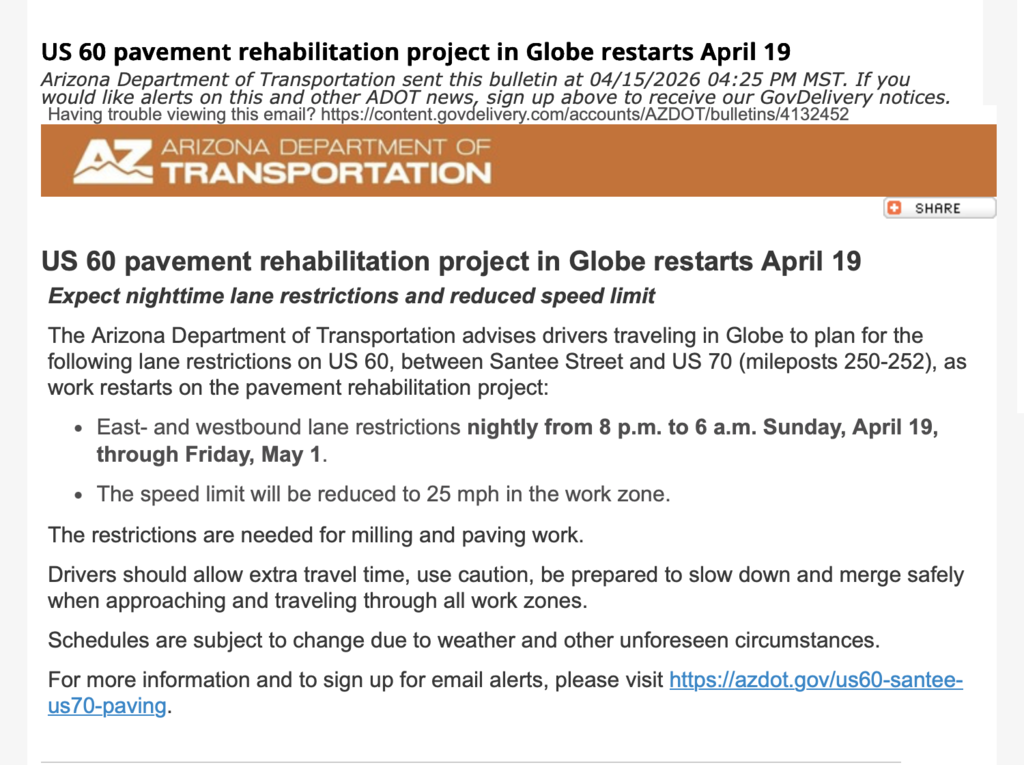 US 60 pavement rehabilitation project in Globe restarts April 19