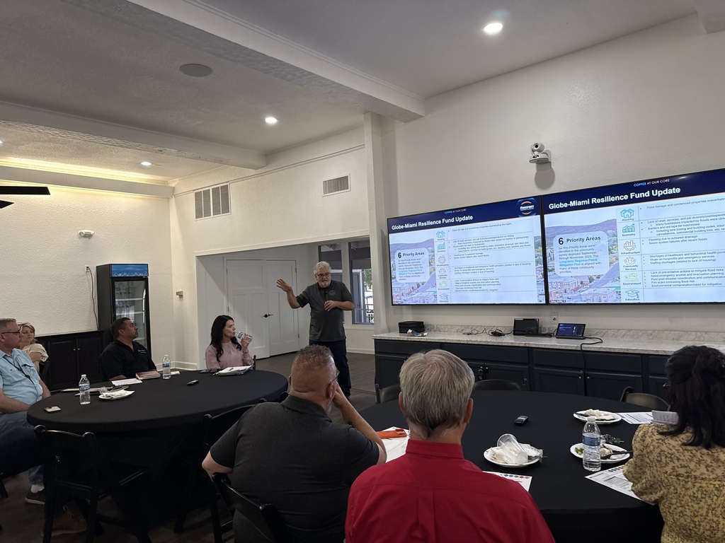 Globe City Manager speaking at the Freeport McMoRan meeting on  flood mitigation planning and coordination efforts