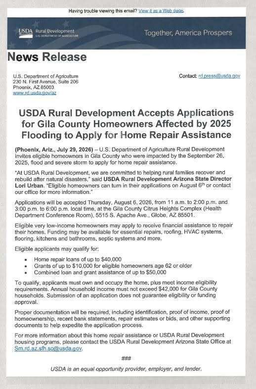 USDA Rural Development Accepts Applications for Gila County Homeowners Affected by 2025 Flooding