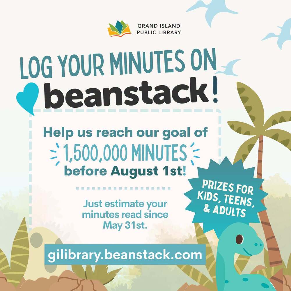 Flyer encouraging patrons to log their minutes on Beanstack for the summer reading challenge