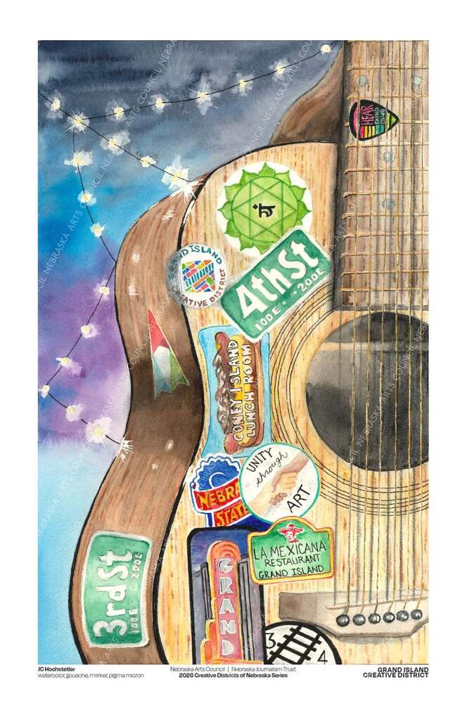 The GICD poster which is guitar featuring stickers of icons and businesses in the creative district