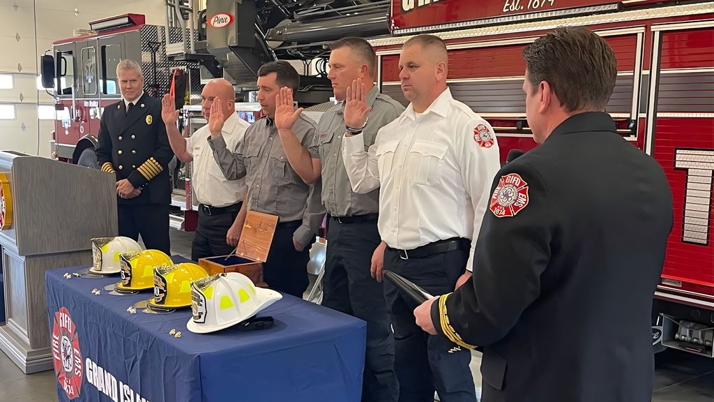 Today we had the honor of recognizing several members of the Grand Island Fire Department during a promotional ceremony at Station 1. These promotions reflect years of dedication, leadership and service to the community. Please join us in congratulating: • Austin Miller — Captain • TJ Nordstrom — Captain • Justin Ferris — Battalion Chief • Ed Carlin — Division Chief We are proud of the commitment these individuals continue to show to the Grand Island community every day. Congratulations on this well-earned next step in your careers. 🚒👏