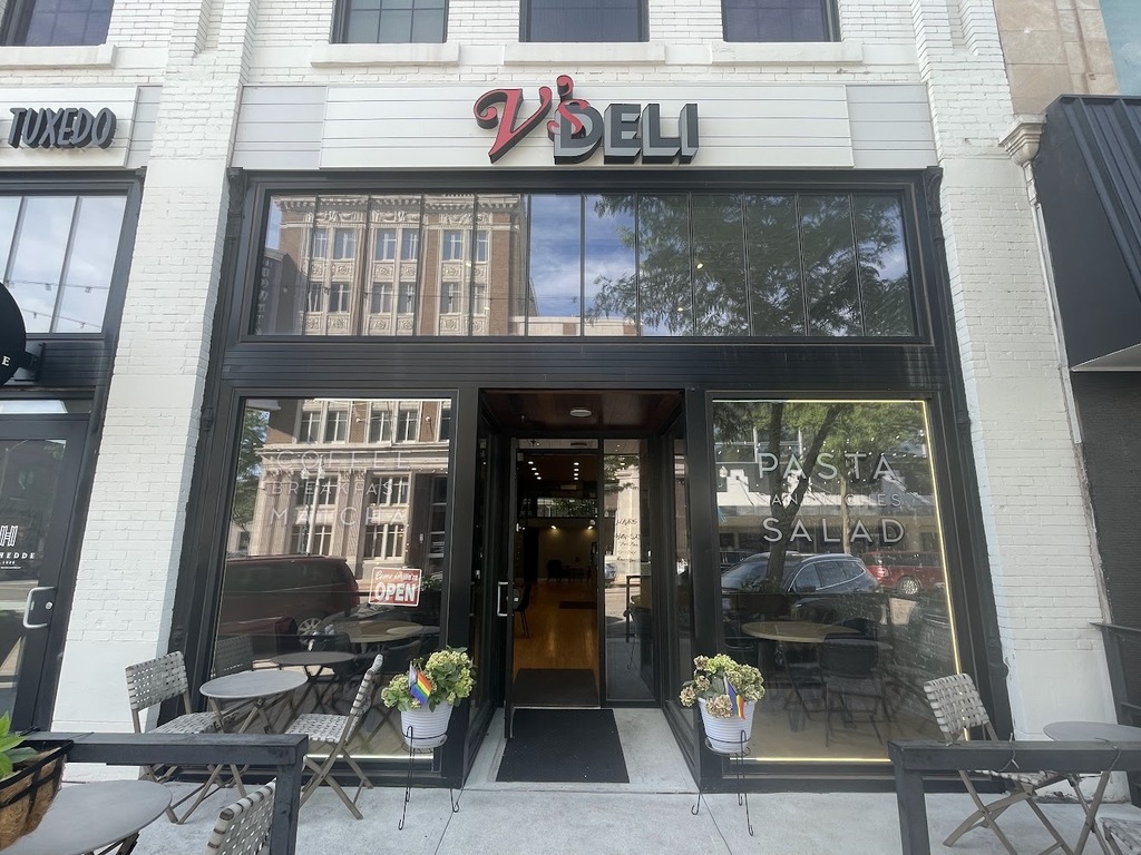 Outside shot of the entrance to V's Deli