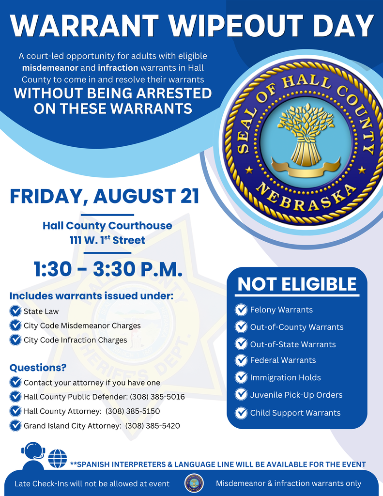 Flyer in English for a Warrant Wipeout Day on Friday, August 21