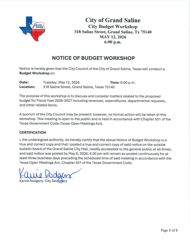 Notice of Budget Workshop