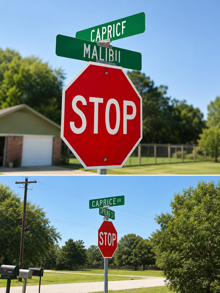 Top photo has a photo of the street sign of where Caprice and Malibu meet. The bottom photo is of the street signs Caprice and Spring crossing.