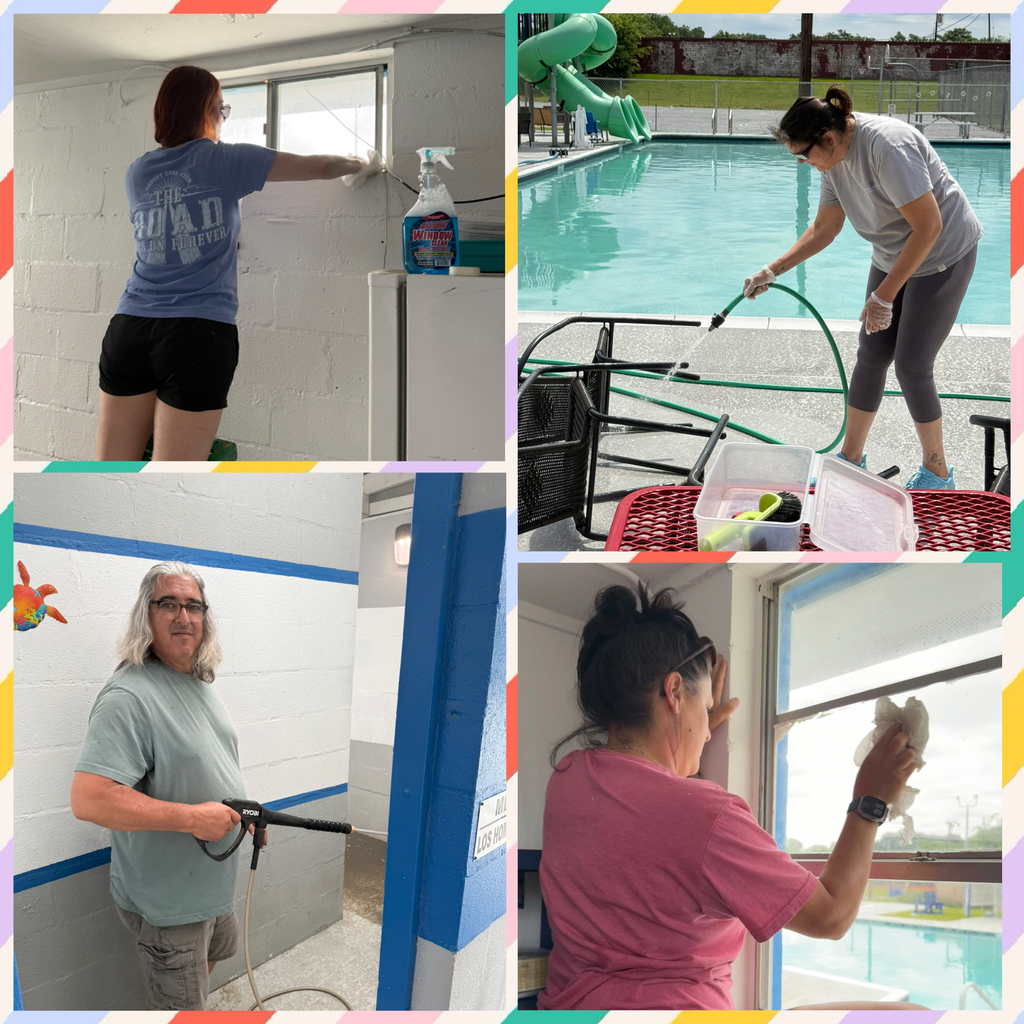 A four-photo collage showing community volunteers cleaning the city pool facilities. One person wipes down indoor windows, another sprays off poolside furniture with a water hose, a volunteer pressure washes inside the pool building, and another cleans windows overlooking the pool. The outdoor pool and green water slides are visible in the background, with colorful borders framing the collage.