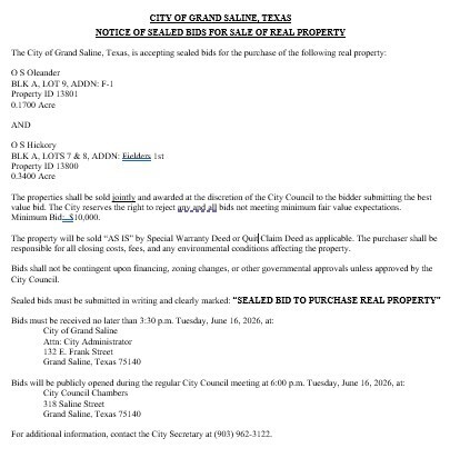 City to sell two lots. jointly. Minimum bid considered: $10,000. See legal notices or VZ Co News for larger view.