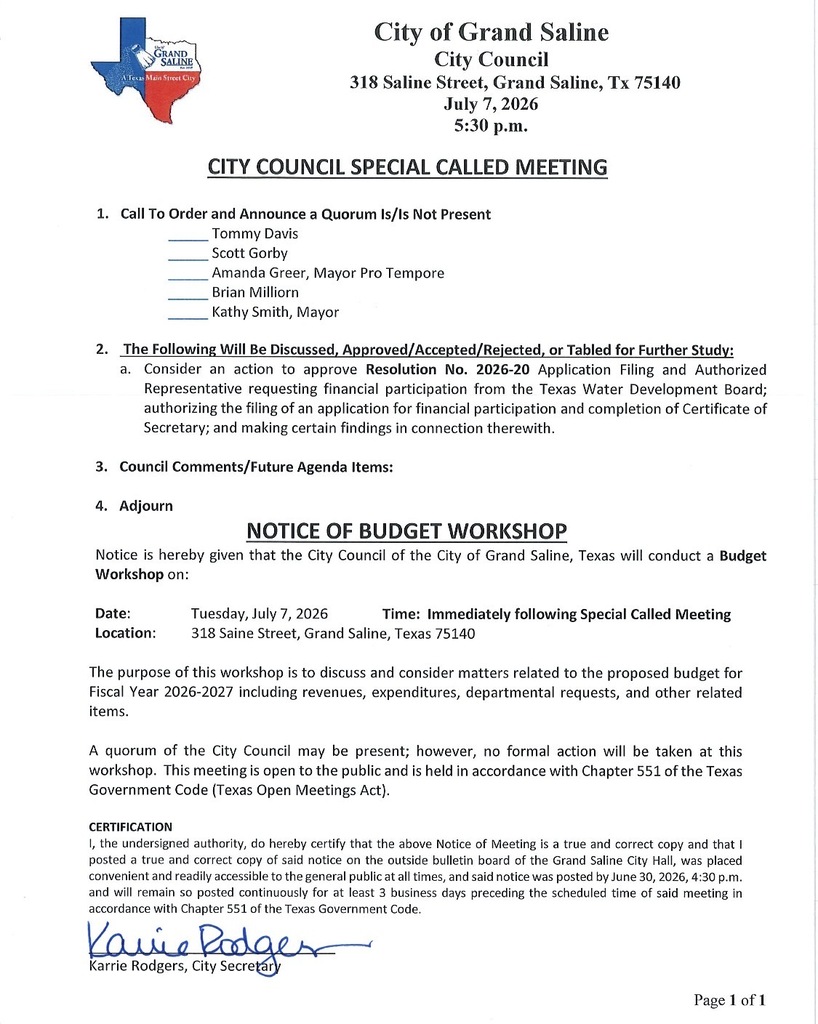7.7.2026 SPECIAL CALLED COUNCIL MEETING AND BUDGET WORKSHOP AGENDS