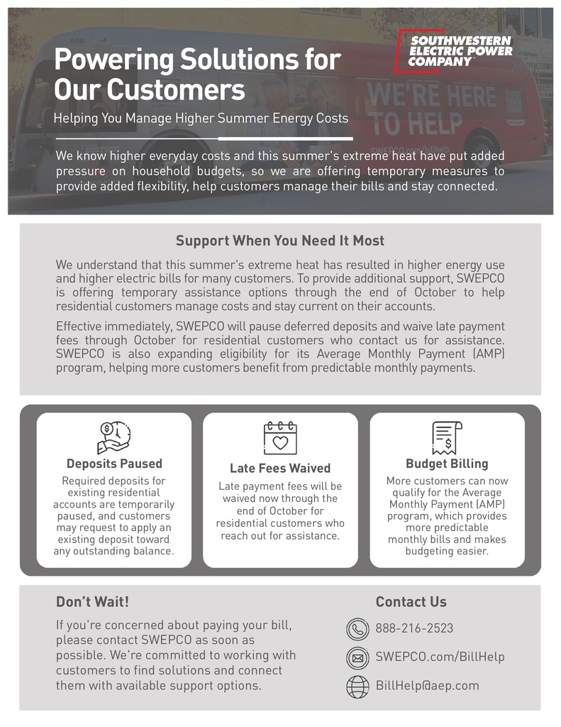 SWEPCO announces temporary summer bill assistance, including waived late fees, paused deposits, and expanded budget billing options through October.