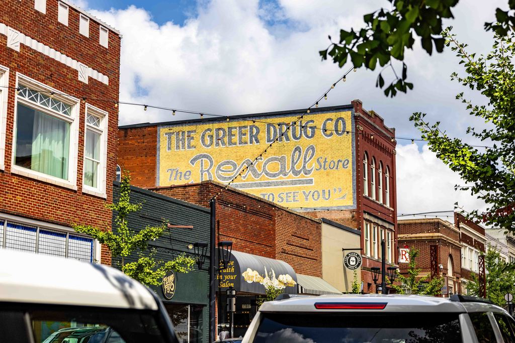 Trade St with focus on Rexall Store Mural