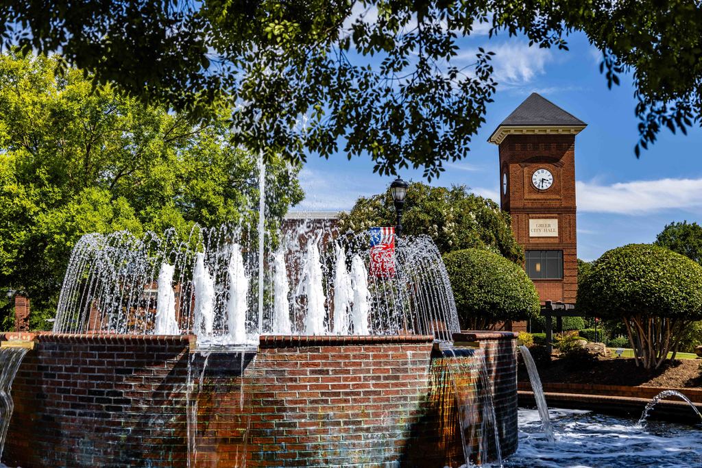 Greer City Park Fountain with City Hall in Background