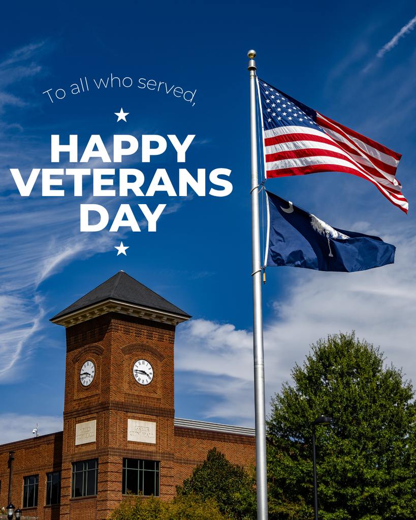 veterans day graphic with city hall and flag