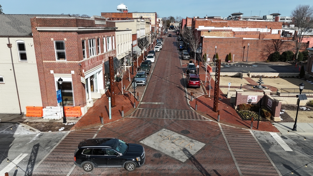 drone shot of trade street