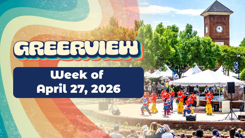Graphic with the Greerview logo and the text 'Week of April 27,2026" underneath it. A photo of Greer City Park with performers on the amphitheater stage sits to the right of the text