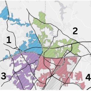A map of Greer showing areas split up by blue, green, purple, and pink colors with the numbers 1-4 corresponding to each area