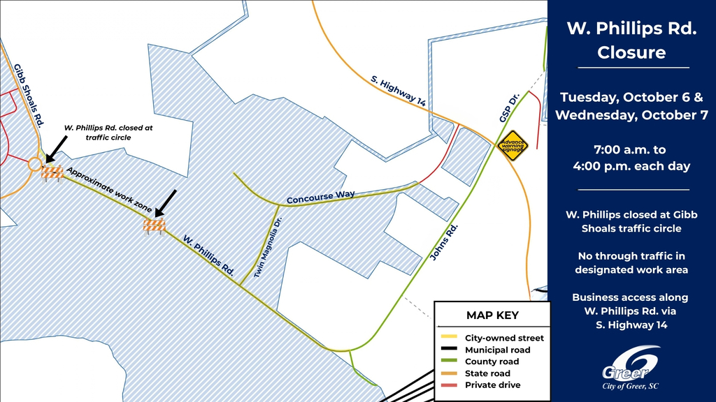 Map shows the area of W. Phillips Rd. that will be closed on Oct. 6 & 7 from Gibb Shoals Rd. almost to the Twin Magnolia Dr. intersection. The closure hours are 7am to 4pm each day. Business access will be allowed from the S. Highway 14 side.