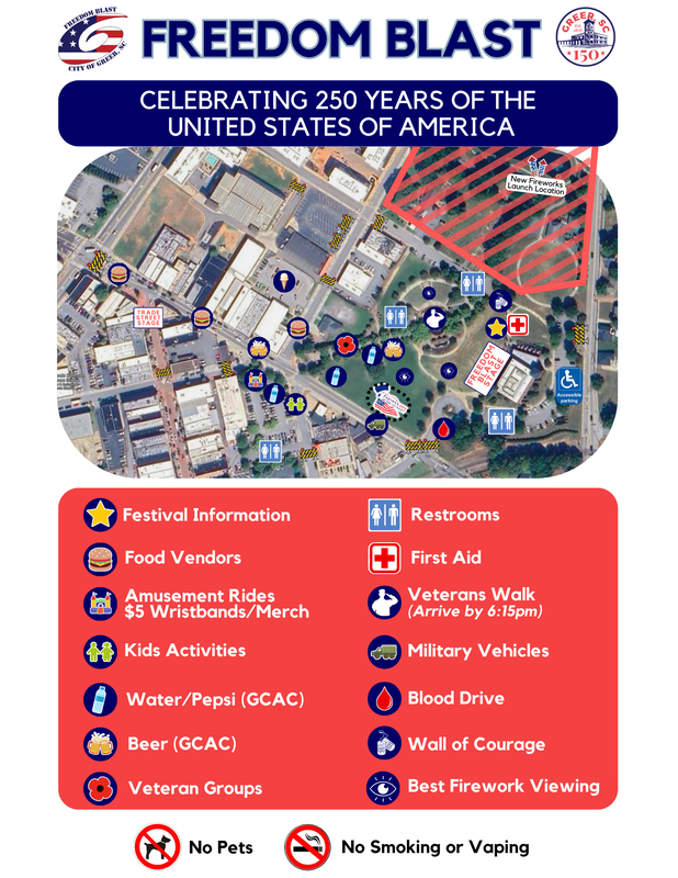 Freedom Blast Event Map showing food vendors, restrooms, etc.