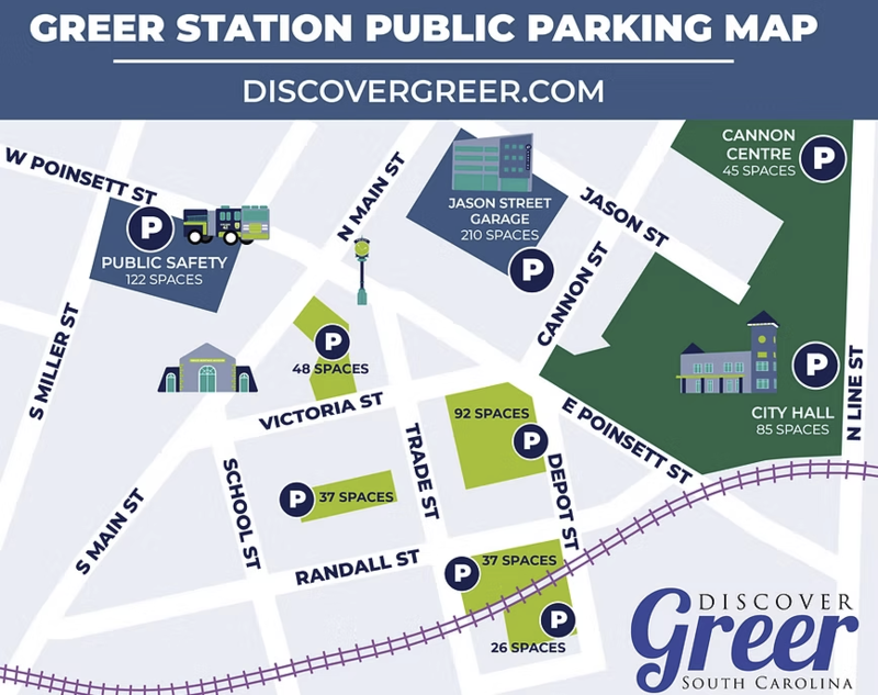 Graphic map of free parking locations in downtown Greer