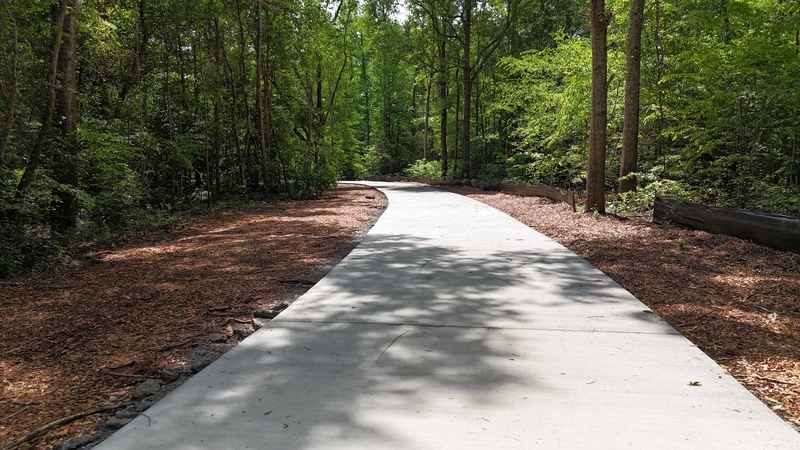 Picture of a paved section of the South Tyger River trail cutting through a wooded area along the river