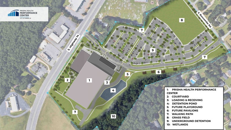 Aerial view of the property with superimposed road names, facility logo, and numbers on property locations that correspond with a key that's in the lower right corner