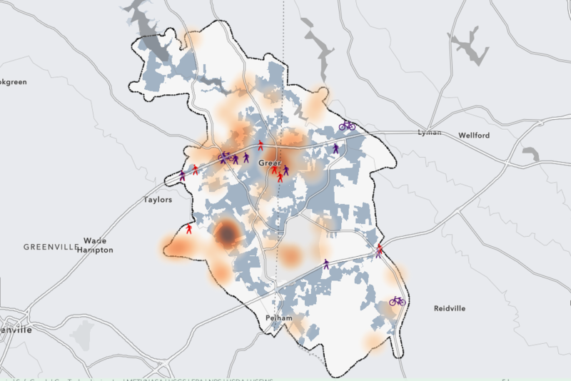 Map of Greer, SC and the surrounding areas shaded in areas with a lot of crashes involving walkers or bikers