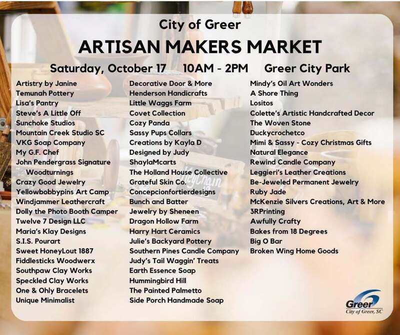 graphic features a list of the artists who will have a booth at Artisan Makers Market