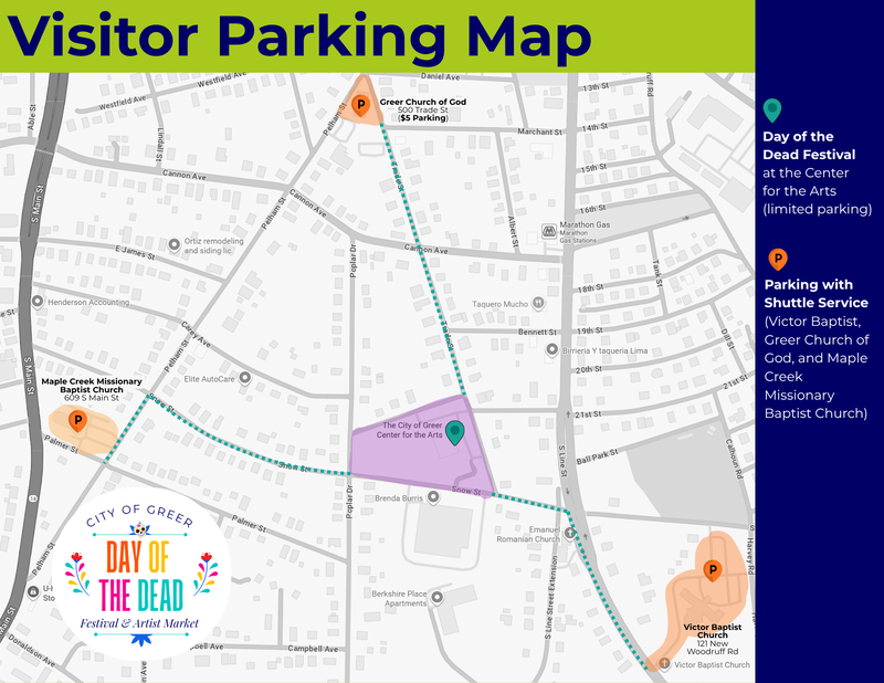 Visitor Parking Map shows downtown Greer and the places where you can park and ride the shuttle