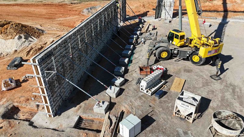 Sports and Events Center Construction showing crane setting up wall