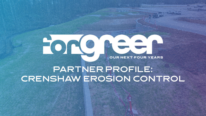 Graphic with text that reads: "Partner Profile: Crenshaw Erosion Control" with the ForGreer logo above it. A blue and purple gradient background includes a photo of a retention pond and other erosion control techniques