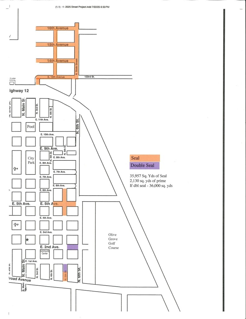 The 2025 Street Chip Seal Project will begin August 18th and continue into the week, if weather cooperates. Please move your vehicles, campers, etc. if they are in the affected areas