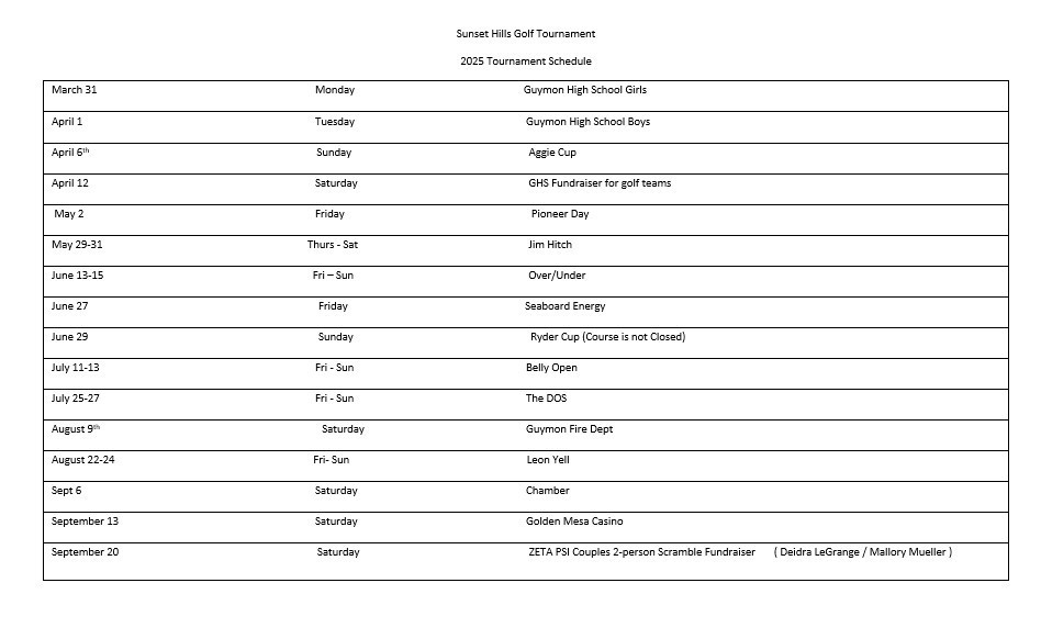 Sunset Hills Gold Tournament 2025 Schedule