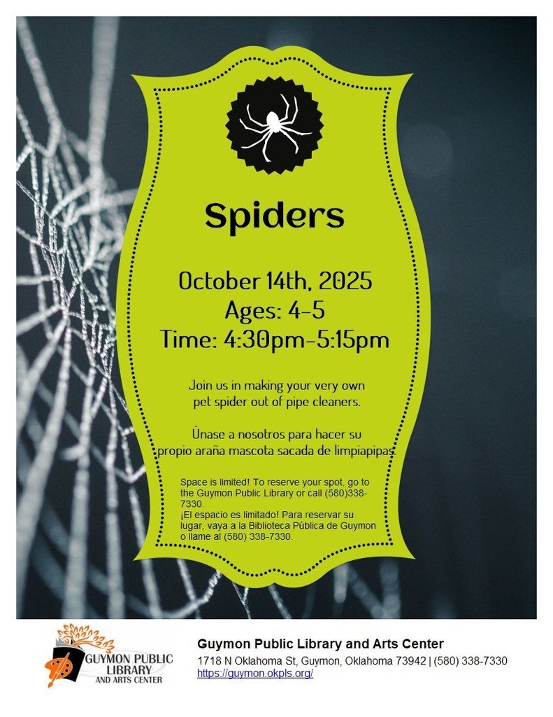 Kids Spiders Oct. 14th 4:30PM - 5:15PM Ages 4-5