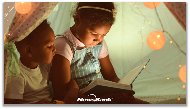 Two African American girls reading a book in a tent. NewsBank logo