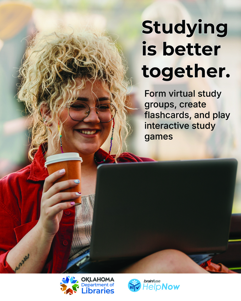 Young lady drinking coffee and looking at a laptop. "Studying is better together. Form virtual study groups, create flashcards, and play interactive study games."