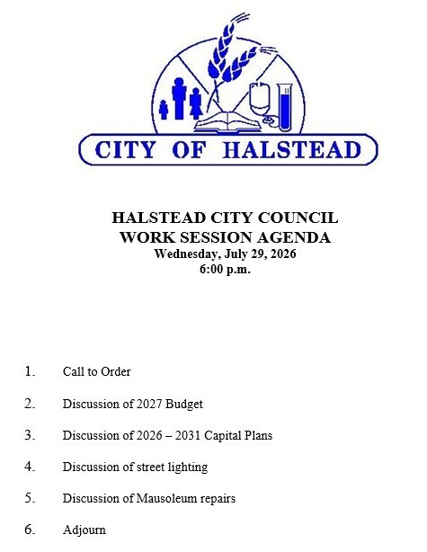 City of Halstead Work Session Agenda for July 29, 2026