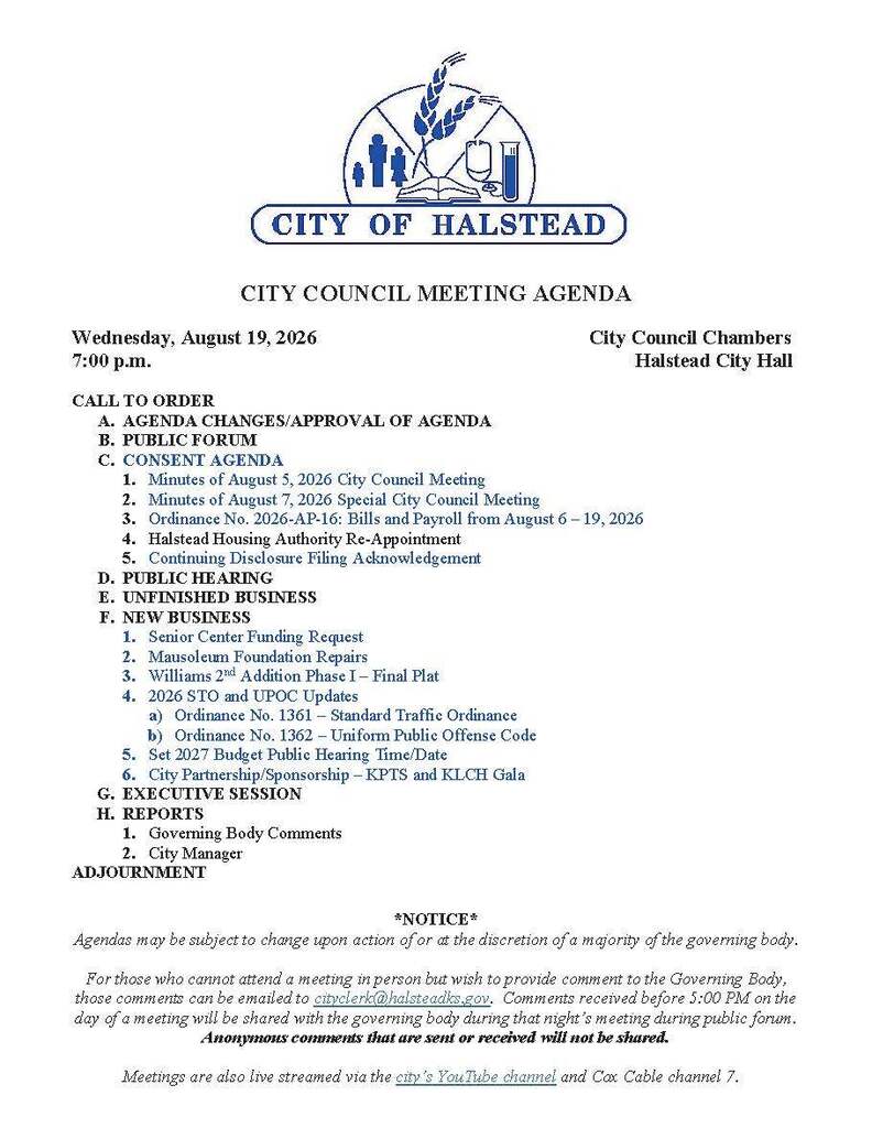 August 19th City Council Meeting Agenda