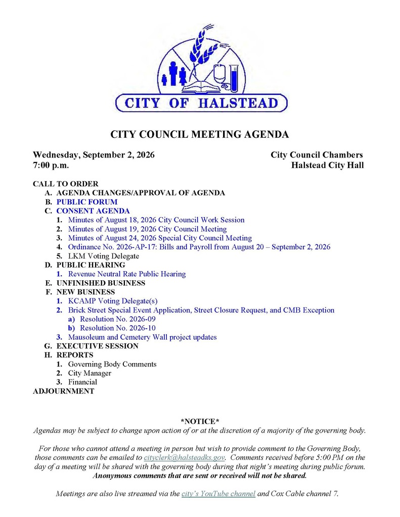 City of Halstead City Council Agenda 09-02-2026